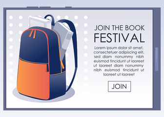 Book Festival Flat Announcement on Mobile Screen. Bookstore Sale on Educational Paper Editorial Material. Opened Cartoon Backpack with Textbooks. Vector Illustration. Banner with Promo Text