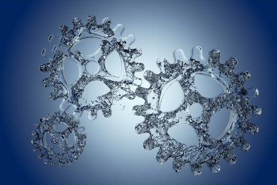 Hydrogen energy processing concept - cogwheel gears made from water on blue background