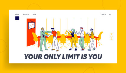 Obraz na płótnie Canvas Company Success, Worker Encouraging Website Landing Page. Boss Congratulate Officer at Monitor with Growing Graph Celebrate Business Victory Web Page Banner. Cartoon Flat Vector Illustration, Line Art