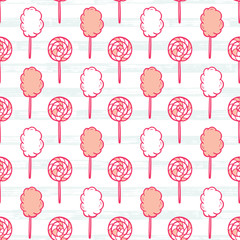 Sweet Food Vector Background. Hand Drawn Doodle Cotton Candy and Lollipop Seamless pattern