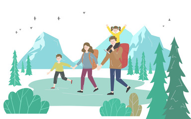 Happy family goes hiking in the mountains.