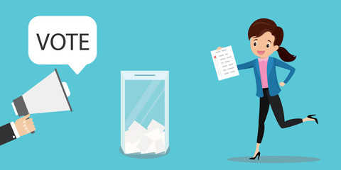 happy caucasian woman runs with a vote page, ballot box,