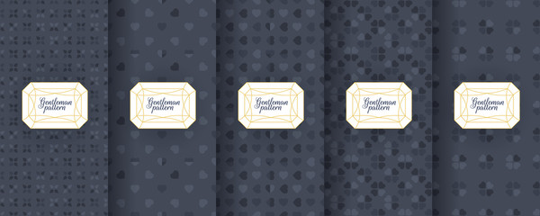 Set of dark vintage seamless backgrounds for luxury packaging design. Geometric pattern in black. Suitable for premium boxes of cosmetics, wine, jewelry. Elegant vector ornament set. Fabric print.