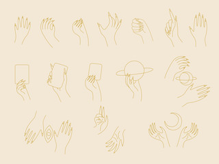 linear silhouette of a magic hand, modern trend design. space elements. vector illustration