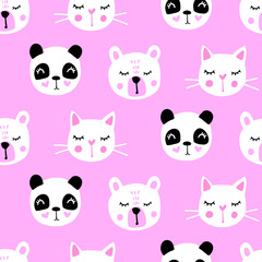 Cute seamless pattern with teddy bear, panda, cat. Vector cartoon animals background.