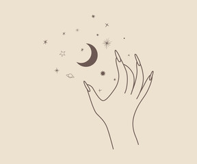 Obraz premium linear silhouette of a magic hand, modern trend design. space elements. vector illustration