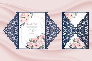 Laser cut wedding invitation openwork template vector with an internal card with roses. Cutout paper gate fold card with pattern of roses on the fabric with folds background .