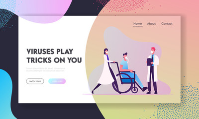 Coronavirus Cov Pandemic Health and Medicine Website Landing Page. Doctor Push Wheelchair with Sick Man in Face Mask. Dangerous Contagious Infection Web Page Banner. Cartoon Flat Vector Illustration