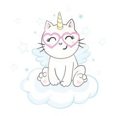 Cute image of a lying cat with a horn unicorn. It can be used for sticker, patch, phone case, poster, t-shirt, mug etc.
