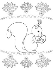 squirrel with a bump on a white background with a pattern. black and white outline drawing by hand. coloring book for children. poster, print, postcard, clipart. Doodle style.