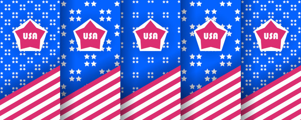 Fototapeta premium Set of seamless patterns with stars, in the colors of the american flag. Used as USA banners, invitations for design of Independence Day, BBQ parties, sports uniforms, packaging. Vector background. 
