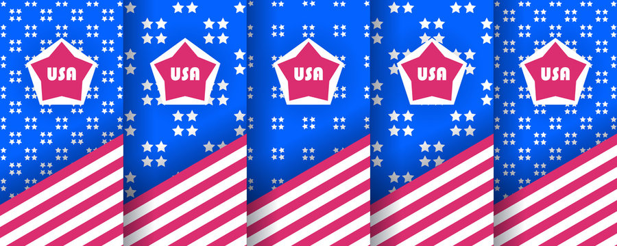 Set of seamless patterns with stars, in the colors of the american flag. Used as USA banners, invitations for design of Independence Day, BBQ parties, sports uniforms, packaging. Vector background. 