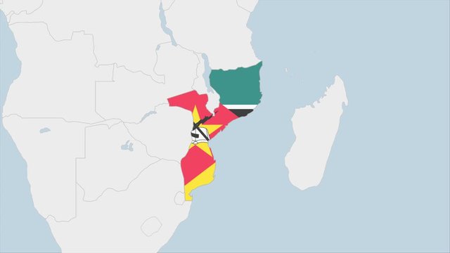 Mozambique map highlighted in Mozambique flag colors and pin of country capital Maputo.