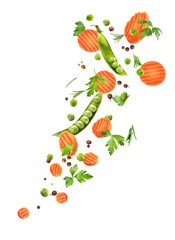 vegetables and greens in the fall on a white background