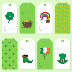 St. Patrick's Day gift tags. Set of gift tags with Doodle illustrations St. Patrick's Day symbols. Vector 8 EPS.