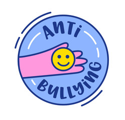 Anti Bullying Banner or Icon. Human Hand Holding Yellow Smile Face inside of Blue Circle Isolated on White Background. Cute Badge or Sticker, Design Element with Typography Cartoon Vector Illustration