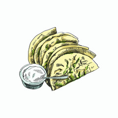 Colorful hand drawn sketch of traditional Azerbaijani dish qutab made from thinly rolled dough with different filling cooked briefly on a convex griddle and served with yogurt