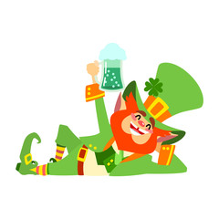 St. Patrick's Day character. Illustration of funny lying leprechaun with a pint of green beer in cartoon style isolated on white background. Vector 8 EPS.