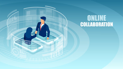 Vector of a businessman and woman collaborating online using social media platforms