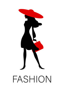 Vector silhouette of an elegant fashion woman with red hat