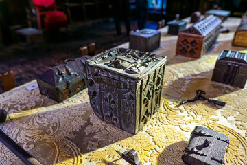 elegant antique jewelry boxes on table