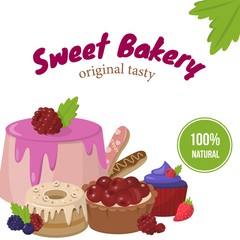 Sweet Bakery Shop Presentation Cartoon Banner. Signage for Sweet Shop or Patisserie. Flat Advertising Material Promoting Original Tasty and 100 Percent Natural Gourmet Baked Goods. Vector Illustration