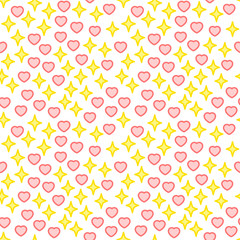 Cute abstract pattern. The seamless background of outlined yellow stars and pink hearts on white background. Vector 8 EPS