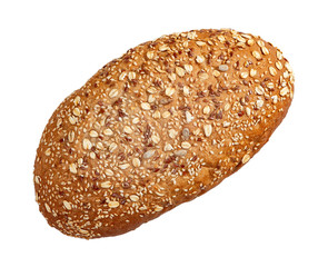Isolated whole bread with seeds and flakes on white background.
