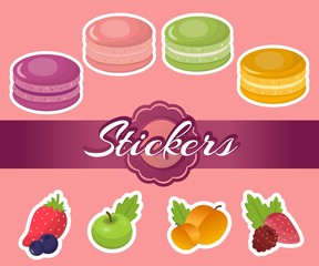 Colorful Cartoon Stickers Set for Macaroons Recipes. French Desserts Various Types, Fruit, Berries for Cooking. Apple, Apricot, Strawberry with Blueberry or Raspberry. Bakery Menu. Vector Illustration