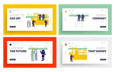 Male Characters Working on Gas Pipeline Website Landing Page Set. Workers in Uniform and Hardhats Inspect Pipe and Equipment on Factory Web Page Banner. Cartoon Flat Vector Illustration, Line Art