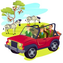 Group of Men Hunters Wearing Uniform and Weapon Driving Jeep on Safari in Africa with Zebras Herd Grazing on Beautiful Green Field, Monkeys on Tree, Wild Life Vacation Cartoon Flat Vector Illustration