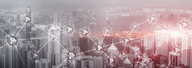 Wifi city communication technology fast internet connection 5g wireless concept. modern city view with icons.