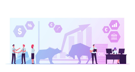 People Trading at Stock Market. Businesspeople Brokers or Traders Analyse Global Economics and Finance News for Buying and Selling Bonds and Currency. Bears and Bulls Cartoon Flat Vector Illustration