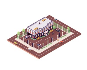 Isometric Police Department on White Background. Vector Illustration with Police Station Building. Police Cars Standing, Police Officer Running, Vehicles Driving along Street and Man Walking