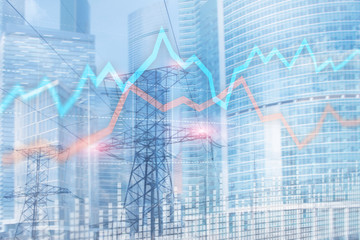 Trading Investment concept on virtual screen on blurred office. Stock chart.