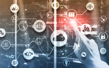 Connection Network Project 2020. Mixed Media Graphics on Virtual Screen Data Center. Cloud omputing.