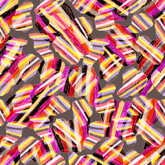 Creative seamless pattern with beautiful bright abstract striped spots. Colorful texture for any kind of a design. Graphic abstract background. Contemporary art. Trendy modern style.