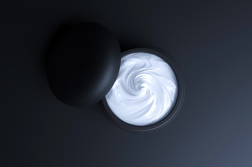 Face cream jar package top view. White cream in package container. Cosmetic cream, scrub, gel, or wax. Realistic packaging mock up template on black background. 3d rendering.