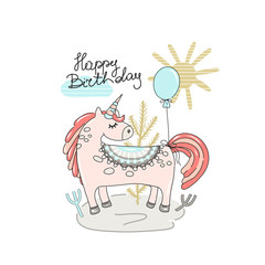 Happy birthday party, cute unicorn with balloons, hand-drawn illustration. Anniversary celebration. Vector for design t-shirts typography cards and posters. Flat design in Scandinavian style.