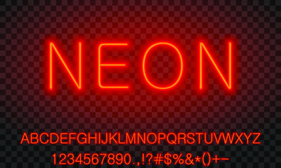realistic nice attractive red color neon font set with transparent light. collection of neon letters numerals signs symbols icons