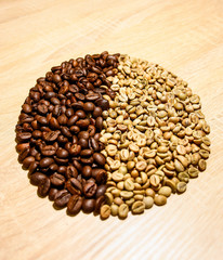 The green coffee beans roasting to black and stir up on the black pan