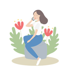 Vector illustration of a young girl talking on the phone. The woman is wearing a white t-shirt, blue trousers and white shoes. Cute, happy emotions. For decoration of web, posters, banners.