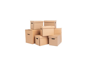 Stack of empty cardboard boxes isolated on white background closeup.