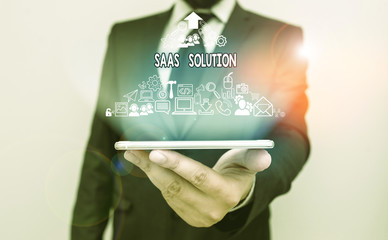 Text sign showing Saas Solution. Business photo text software delivery method that provides access...