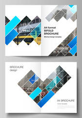 Vector layout of two A4 format modern cover mockups design templates for bifold brochure, magazine, flyer, booklet, report. Abstract geometric pattern creative modern blue background with rectangles.