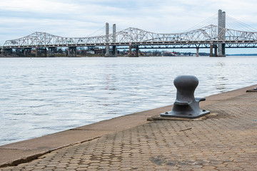 Moorings along the Ohio River from Louisville Kentucky looking toward Indiana with Cloudy Sky and...