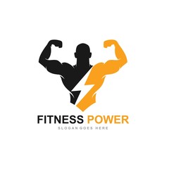 Fitness power logo, Gym logo design template, with silhouettes of bodybuilders,