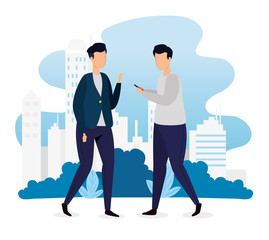 urban scene and young men with smartphone vector illustration design