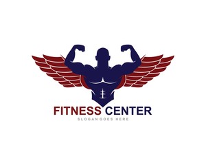 Fitness Gym logo design template weightlifting , vintage style vector emblem with wings. vector illustration