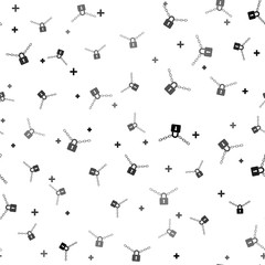 Obraz premium Black Metal chain and lock icon isolated seamless pattern on white background. Padlock and steel chain. Vector Illustration